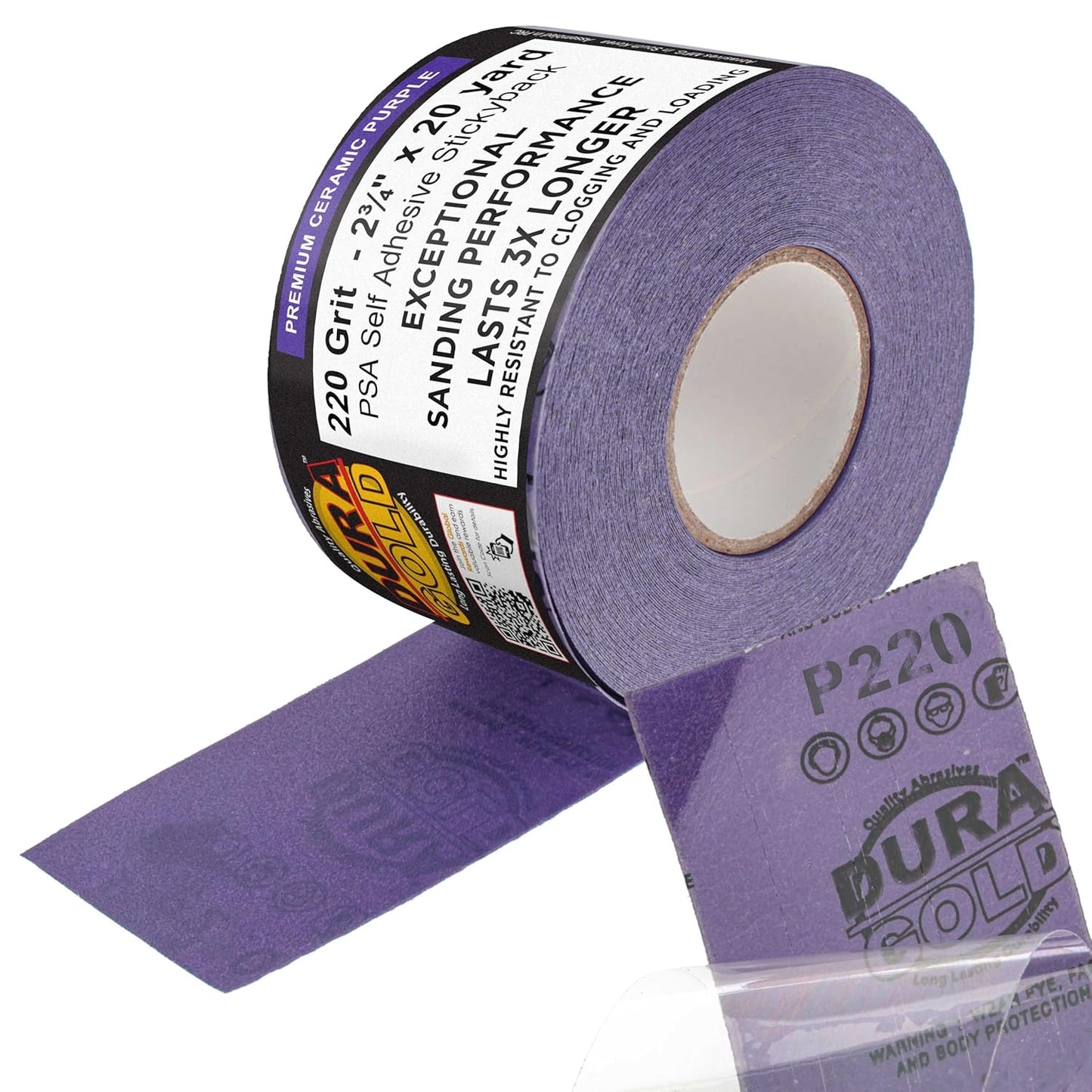 Dura-Gold Premium 220 Grit PSA Purple Film Ceramic Longboard Sandpaper, 2-3/4" Wide Continuous 20 Yard Roll - Self Adhesive Stickyback for Auto & Wood Air File Long Board Sanders, Hand Sanding Blocks