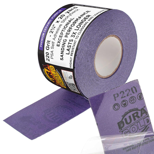 Dura-Gold Premium 220 Grit PSA Purple Film Ceramic Longboard Sandpaper, 2-3/4" Wide Continuous 20 Yard Roll - Self Adhesive Stickyback for Auto & Wood Air File Long Board Sanders, Hand Sanding Blocks
