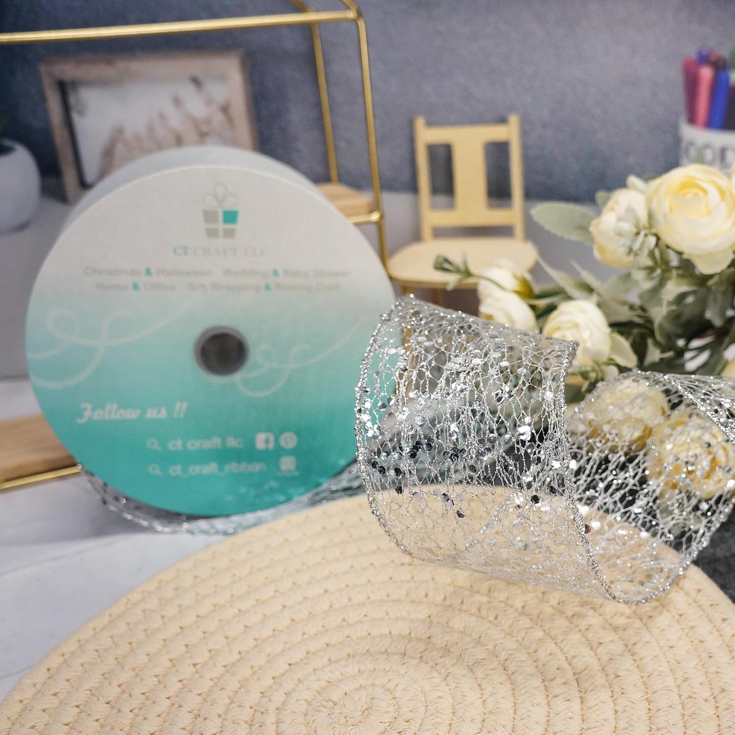 CT CRAFT LLC Sparkling Glitter Mesh Wired Ribbon 2.5" x 20 Yards Silver for Christmas Home Decor Bow Gift Wrapping DIY Crafts Wreath