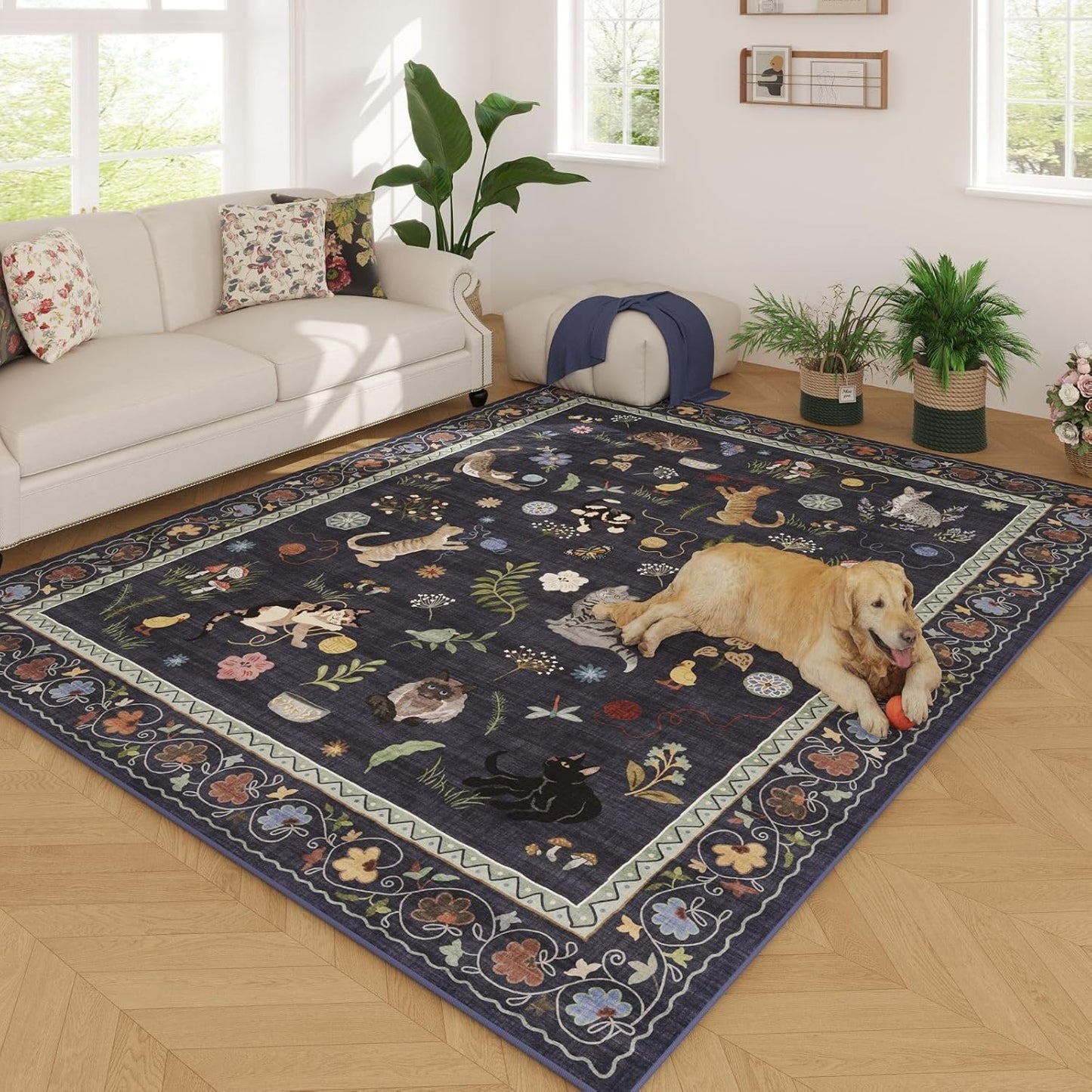 Rugcomf Living Room Rug 5x7 Rug Machine Washable Boho Area Rug Non Slip Floral Animal Cat Vintage Low Pile Large Rugs for Living Room Bedroom Farmhouse Dining Room Kids Playroom, Cobalt Blue