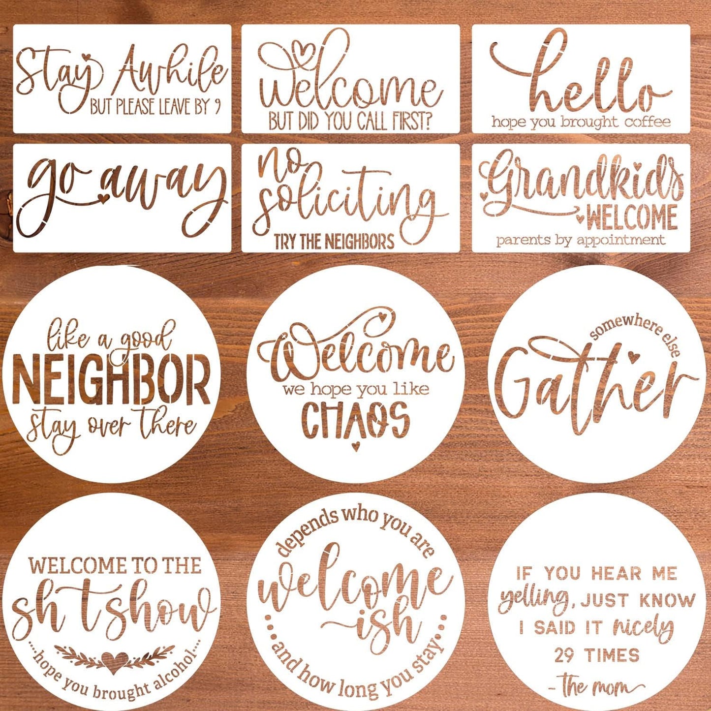 Funny Welcome Stencils for Painting Sarcastic Round Stencil Large Gather Stay Awhile Templates for Door Hanger,Doormat, Porch Sign, Wreath