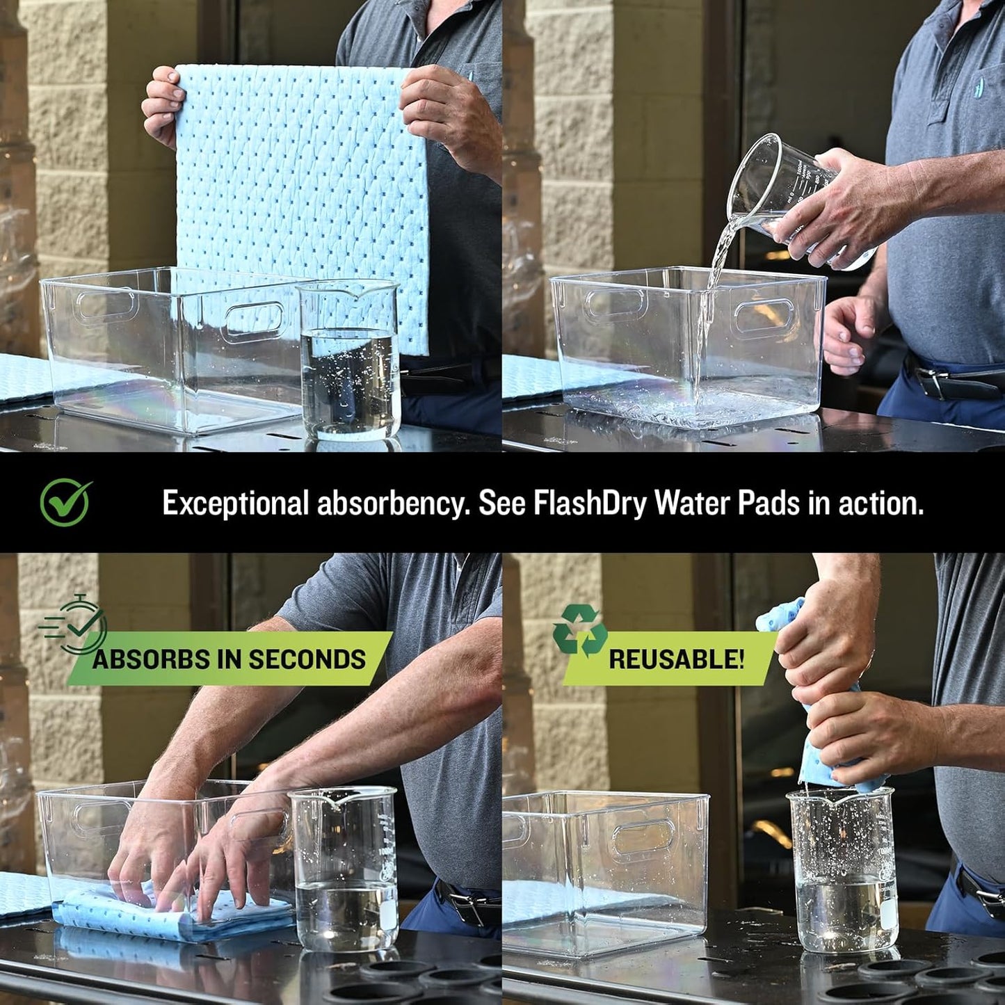 FlashDry Water Absorbent Pads 50 per Box, 17.5"x13.5" - Reusable and Hand Wringable Pads - Ideal for Water Leaks, Spills, Storm Damage Cleanup - Perfect for Basements, Garages, and Under-Sink Cabinets