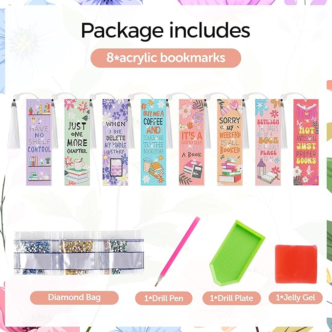 8 Pieces Book Lovers Diamond Art Bookmarks 5d Beaded Bookmark Acrylic Tassel Bookmark for DIY Making Beginners Kids Adults Arts Craft Supplies