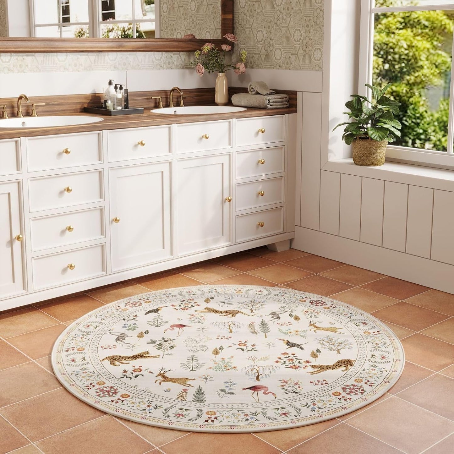 Rugcomf Round Rug 4ft Washable Circle Rug Non Slip Low Pile Boho Floral Animal Small Circular Rug for Bedroom, Bathroom, Entryway, Kids Room, Office, College Dorm (Beige)