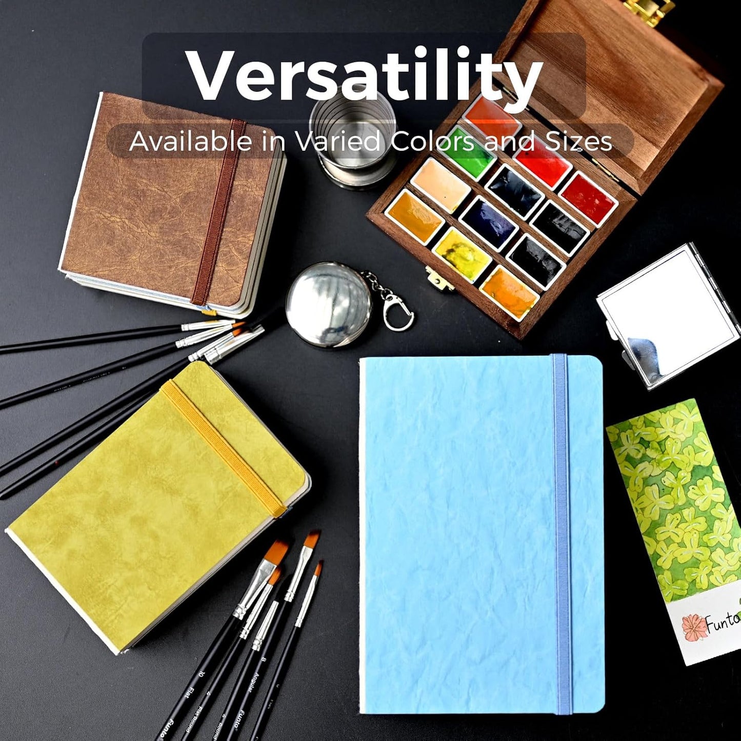 Funto Watercolor Journal, 7.5x5, 2 Packs, 44 Pages Each, Cold-Pressed 100% Cotton, Pearlescent PU Leather Blue Cover, Art Supplies for Mixed Media