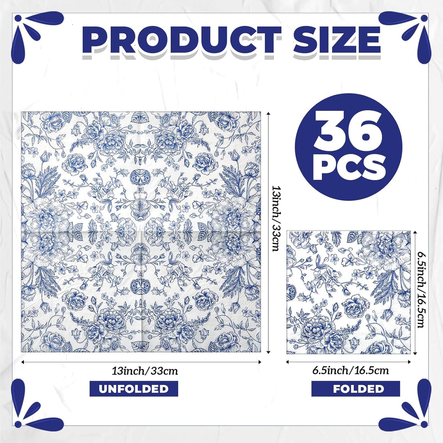 Crtiin 36 Pack 9 Styles Decoupage Napkins Assorted Floral Decorative Decoupage Napkins Chinoiserie Cocktail Paper for DIY Crafting Birthday Party, Each Unfolded 13 Inch(Blue Floral)