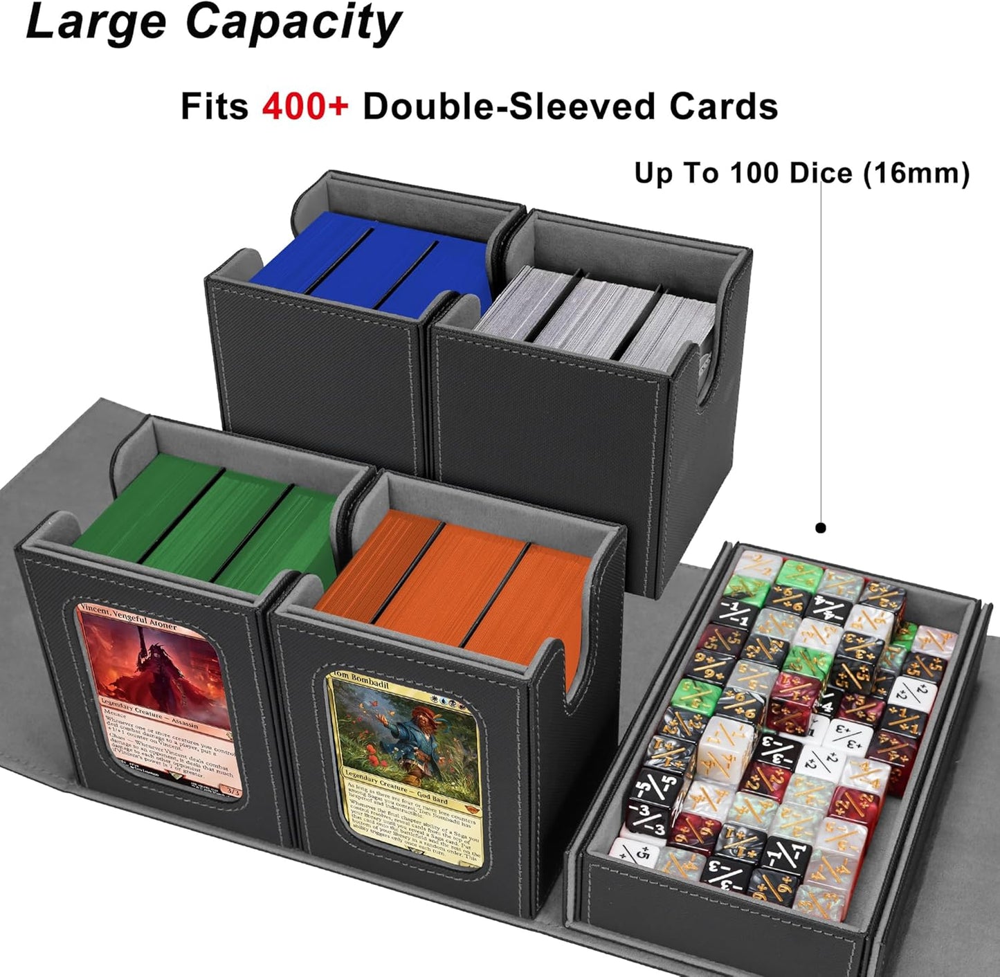AFIING Commander Deck Box for MTG/EDH, Fits 400+ Double-Sleeved Cards, with Display Window, 4 Removable Deck Cases, Dividers, Dice Tray & Handle, Card Holders for TCG (Black Grey)