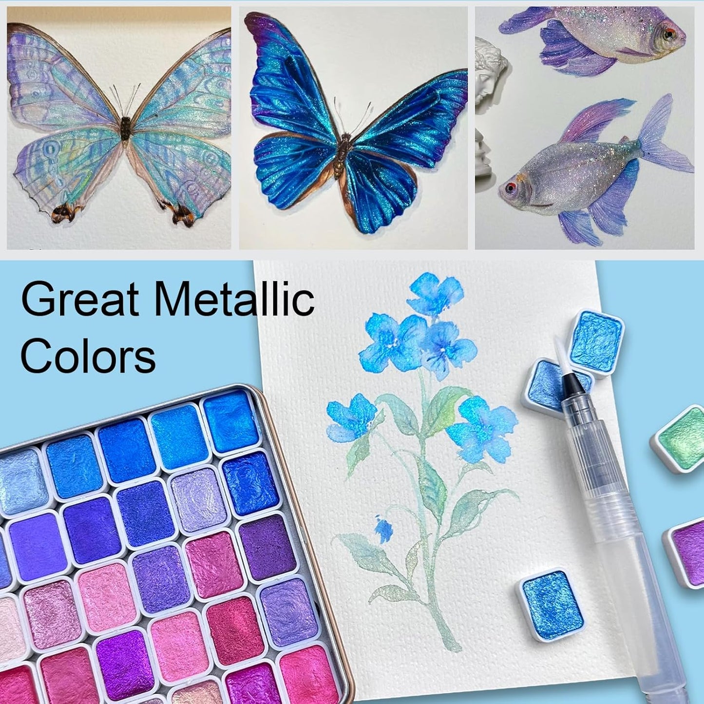 Mini Shifting Watercolor Paint Set, 30 Color Glitter Watercolor Painting Kit, Metallic Watercolor Paints, Solid Water Colors Paint Adult Set, Detail Paint Brush Included, for Artists