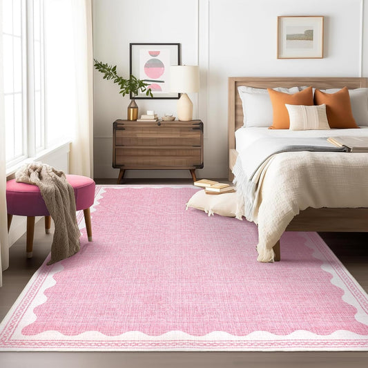 Scalloped Washable Rugs for Living Room, Solid Pink 6x9 Area Rugs for Bedroom Girls, Non Slip Scalloped Rug with Rubber Back, Soft Dorm Nursery 6x9 Rugs for Dining Room