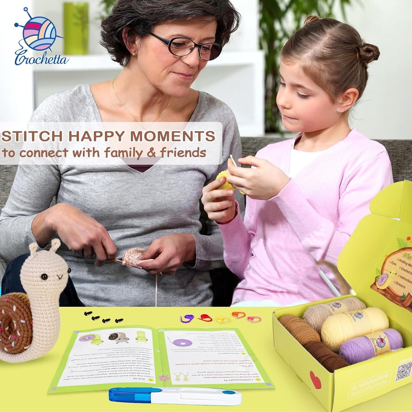 Crochetta Crochet Kit for Beginner, Crochet Starter Kit w Step-by-Step Video Tutorials, Learn to Crochet Kits for Adults & Kids, DIY Knitting Supplies, 2-Pack Snail Couple (40%+ Yarn Content)