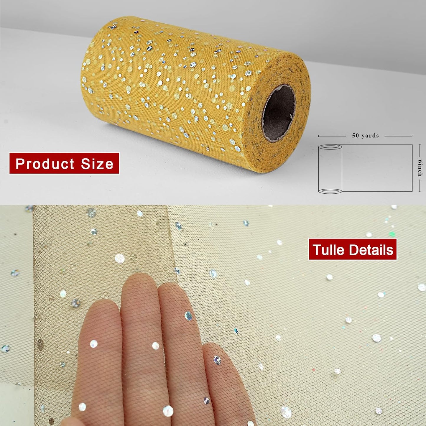 Glitter Tulle Rolls, 6” by 50 Yards (150FT) Sequin Tule Netting Fabric Tulle for Tutu Skirts Sewing Birthday Wedding Party Decoration (Gold)