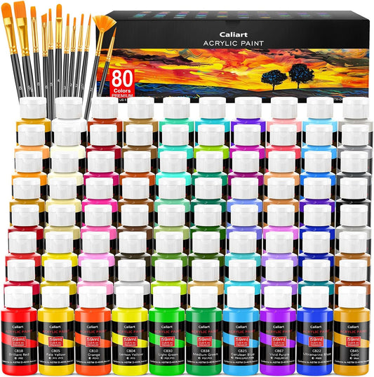 Caliart Acrylic Paint Set, 80 Colors (2oz/Bottle) with 12 Brushes, Art Craft Paints for Adults Artists Beginners Painters, Canvas Halloween Pumpkin Ceramic Wood Fabric Rock Painting Supplies Kit