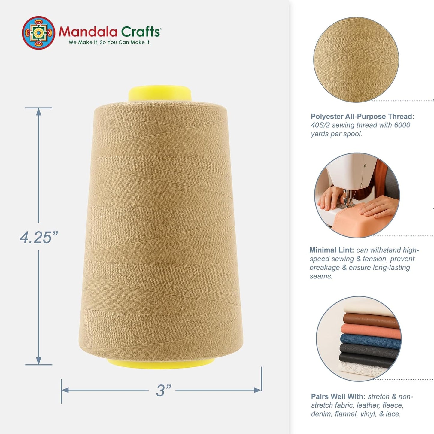 Mandala Crafts 4 Pack of Serger Threads Cones Spools - 40S/2 24000 Yards Polyester Khaki Threads for Sergers Machine and Overlock Quilting Sewing Machine