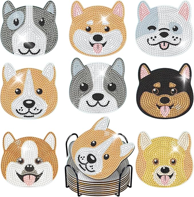 8 pcs Diamond Painting Coasters | Diamond Art Coasters | Dogs Diamond Art Painting | Perfect Art Craft Gift for Dogs Lover, Dad, Mom, Grandparents, Brother, Sister.