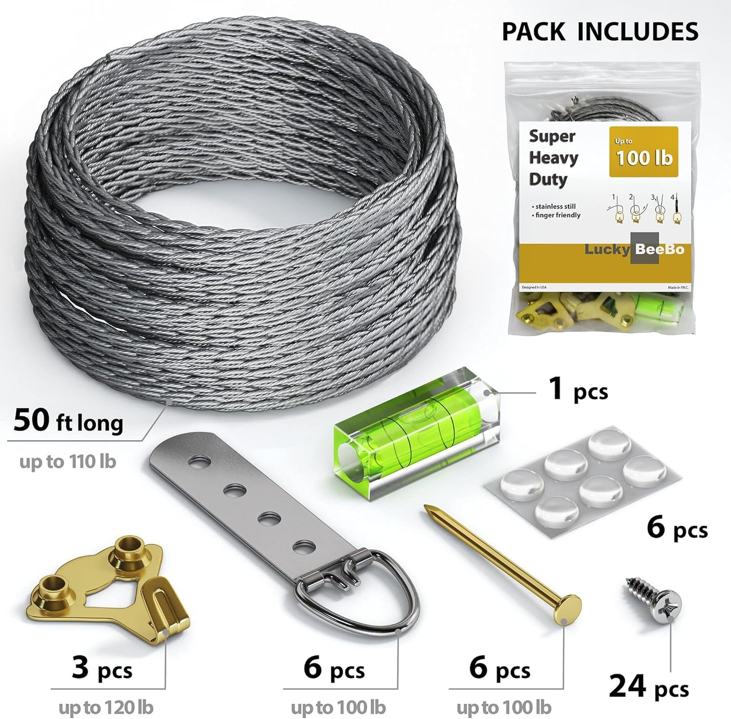 Heavy Duty Picture Wire Hanging Kit - D-Ring, Screws, Hanging Hooks,Level. Supports up to 100 lbs 50+ Feet (15.25M) Stainless Steel Wire Hanger