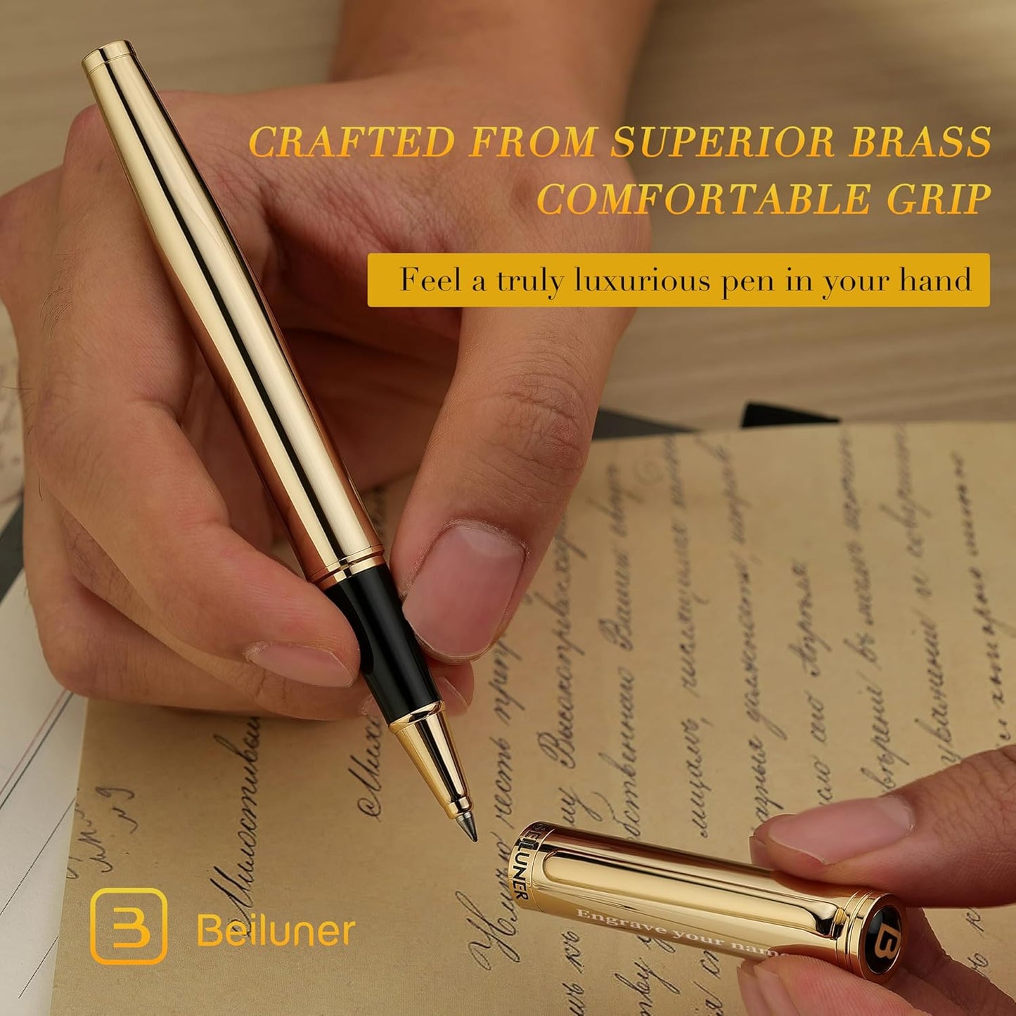 BEILUNER Luxury Personalized Gold Rollerball Pen, Stunning 24K Gold Finish, Noble and Elegant Designs,Schneider Refill, Fancy Gift Set for Men & Women, Executive Writing, Office, Nice Graduation Gift