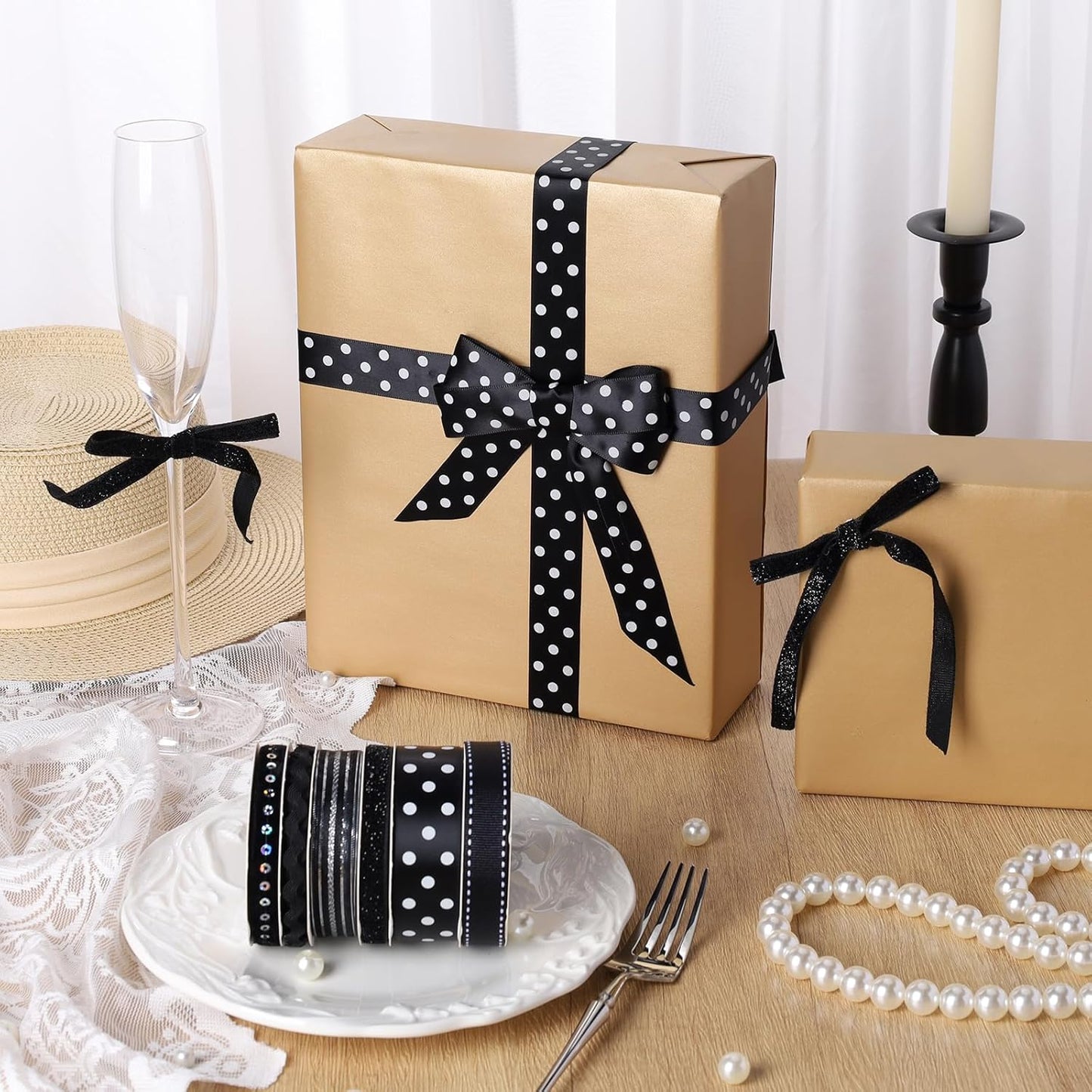 LaRibbons Black Ribbons for Crafts 6 Rolls Assorted Black Ribbons with Polka Dots, Glitter and Sequins for Gift Wrapping, DIY Crafts, Hair Bows, Sewing and Party Decorations, 30 Yards