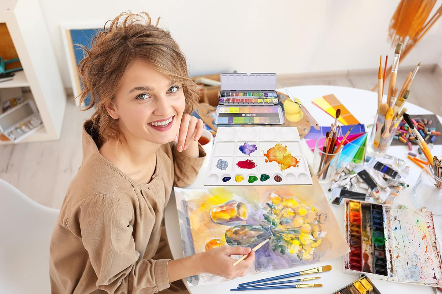 DUGATO Large Paint Palette Trays (2 Pack, 10x13) - 20-Well Plastic Mixing Palettes for Acrylic, Oil, Watercolor & Gouache Paints - Artist Supplies