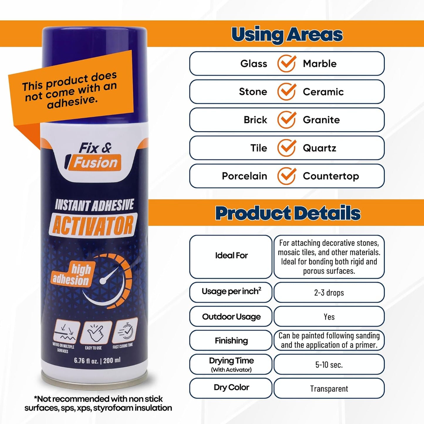 FIX & FUSION Activator Spray (6.76 Fl Oz), Instant Cure Accelerator for Cyanoacrylate (CA) Super Glue for Wood, Plastic, Rubber, Granite, and DIY & Professional, Accelerates Bonding Strength, (1 Pack)