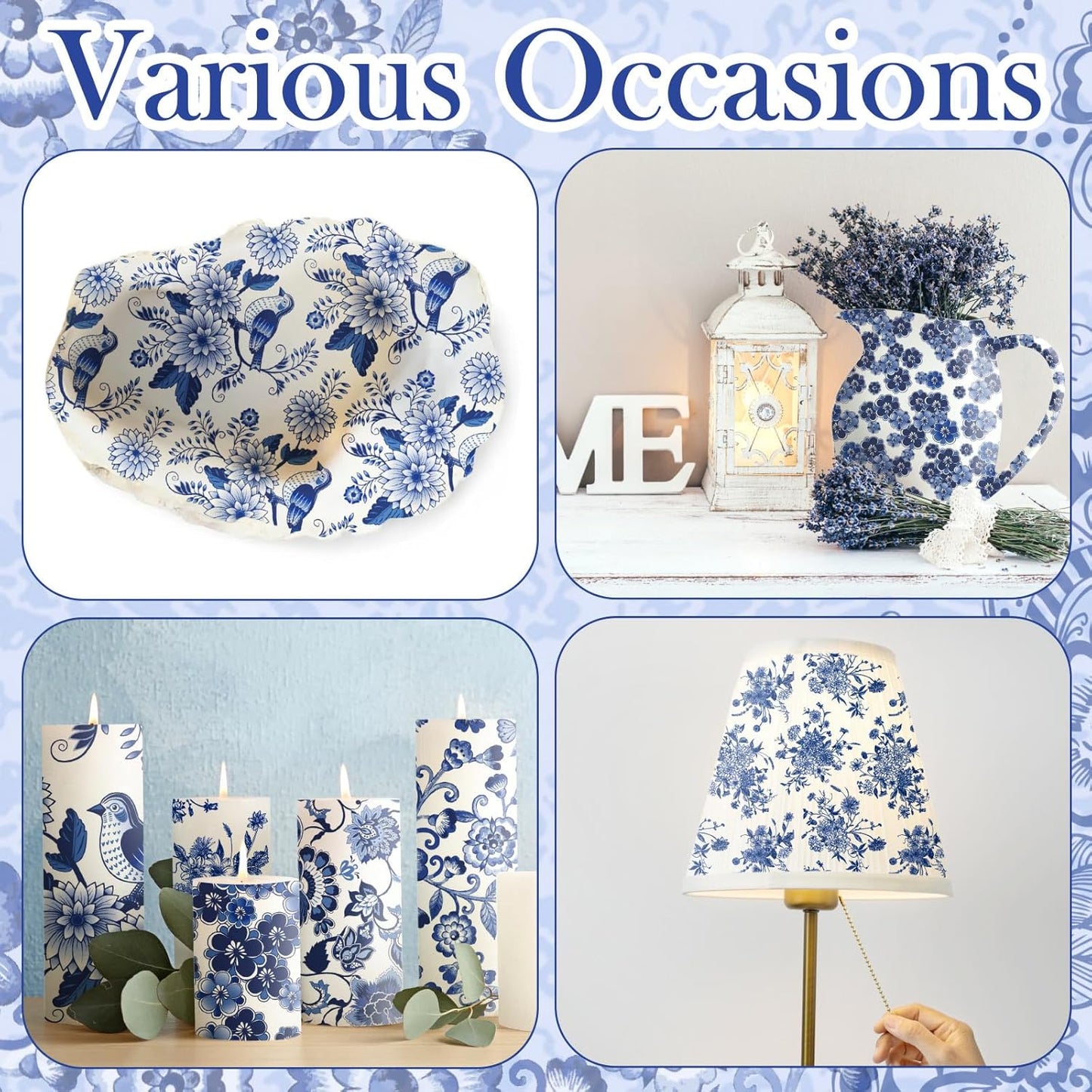 Epakh 36 Pack 6 Style Blue and White Decoupage Paper Napkins Assorted Floral Chinoiserie Decorative Cocktail Napkin Paper for DIY Crafts Fall Christmas Wedding Party Decor, Each Unfolded 13''
