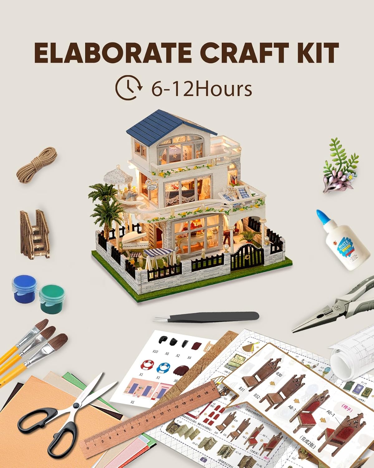 DIY Miniature House Kit, Mini House Kit for Beginners, Mayberry Street Miniatures, Model Building Craft Diorama Kit, Ideal Gifts for Birthday, Christmas(Blue Mansion)