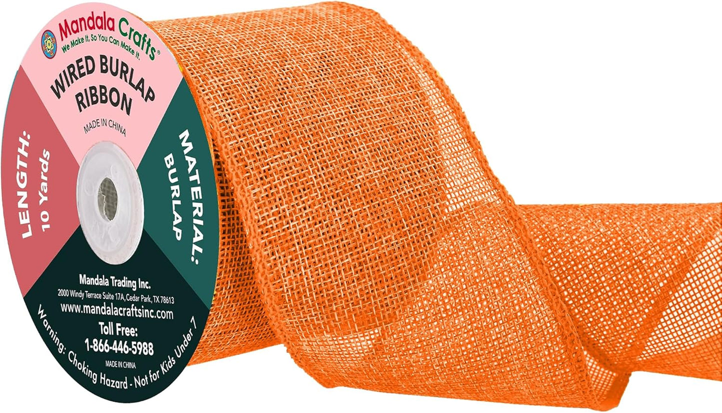 Mandala Crafts Orange Burlap Wired Ribbon 3 Inches Wide Jute Ribbons for Crafts - 10 Yds Roll Rustic Burlap Wrap Trim Ribbons for Wreaths Bows Party Decoration