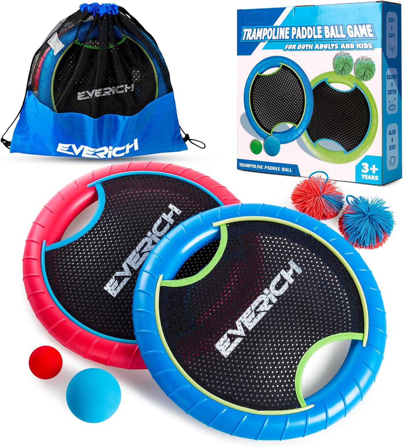 EVERICH TOY Trampoline Paddle Ball Set with 2 Bouncy Paddles & 4 Balls - Soft Foam Design for Kids Play Indoor Outdoor Beach Backyard Lawn - Great Gift Idea for Boys & Girls (Blue & Red)