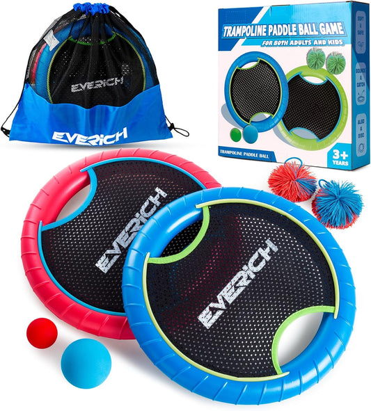 EVERICH TOY Trampoline Paddle Ball Set with 2 Bouncy Paddles & 4 Balls - Soft Foam Design for Kids Play Indoor Outdoor Beach Backyard Lawn - Great Gift Idea for Boys & Girls (Blue & Red)
