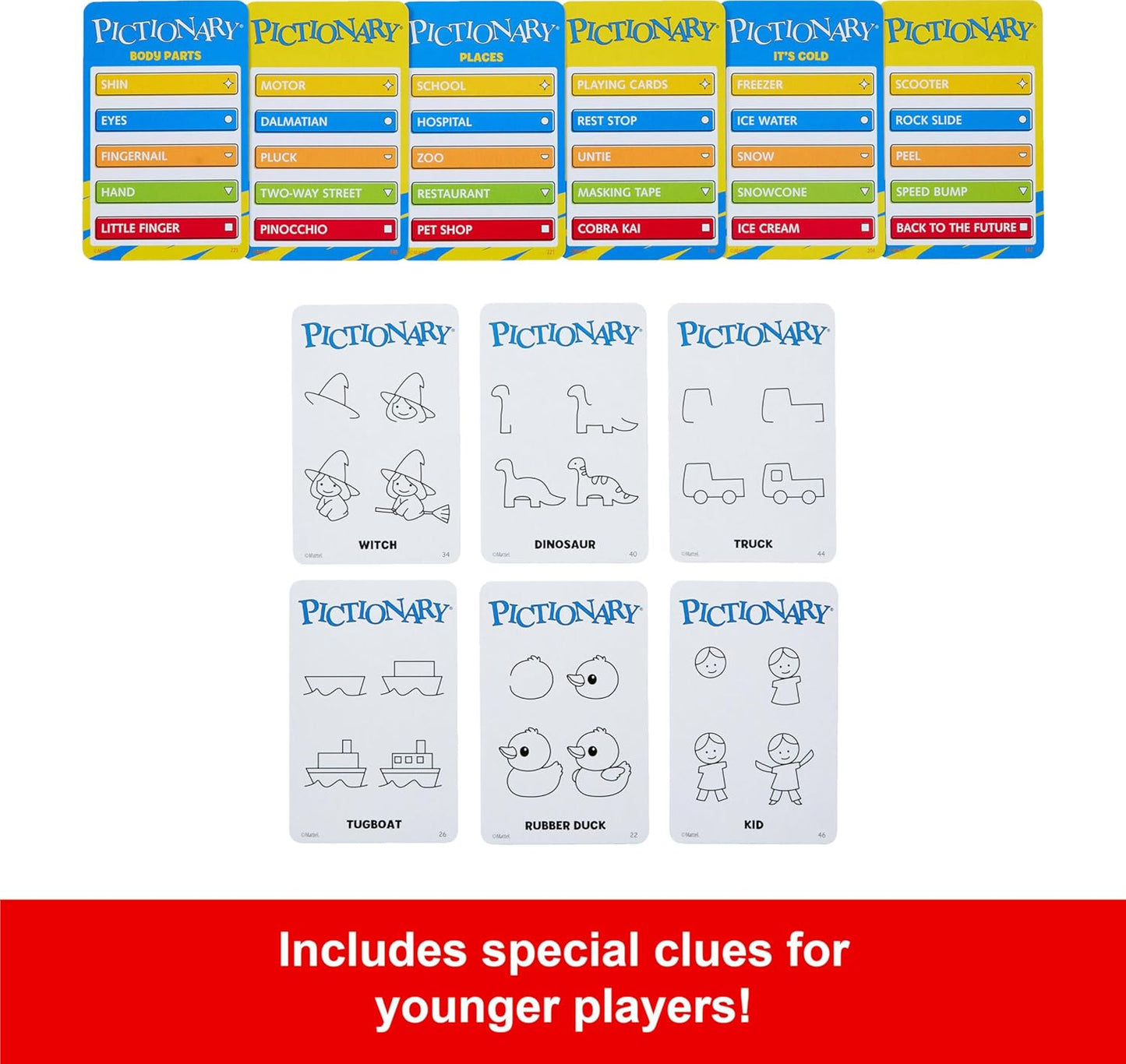 Mattel Games Pictionary Family Board Game for Kids, Adults and Game Night for 2 Teams with Erasable Markers, Boards and Sand Timer