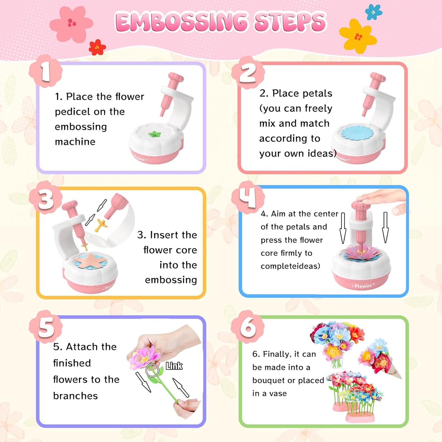 GirlsHome 300+PCS Fabric Flower Bouquets Toys, DIY Flower Crafts Kits for Kids, Arts and Crafts for Kids Ages 6-8 Girls, Build Flower Bouquet, STEM Educational Toy Preschool Gifts (White Pink)