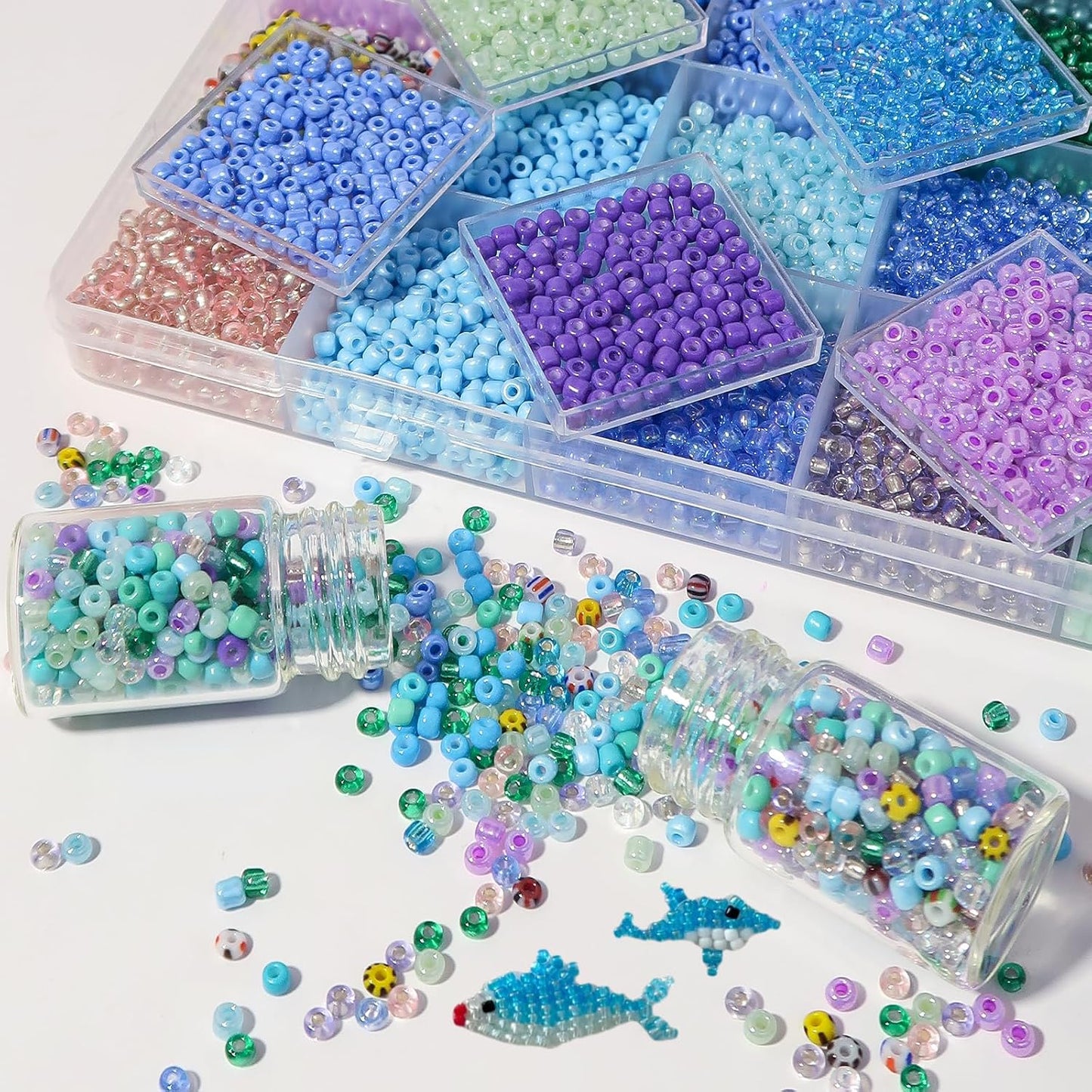 11200pcs Glass Seed Beads for DIY Crafting Bracelet Necklace Embroidery Jewelry Making Supplies (3mm, 400pcs/Color, 28 Colors, Blue Scheme)