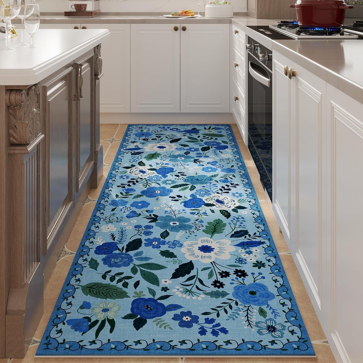 Rugcomf Runner Rug for Hallways Kitchen Rug Non Slip 2'6''x8' Washable Runner Rugs with Rubber Backing Soft Floral Carpet Runner for Hallways, Kitchen, Laundry, Bedroom, Bathroom(Blue)