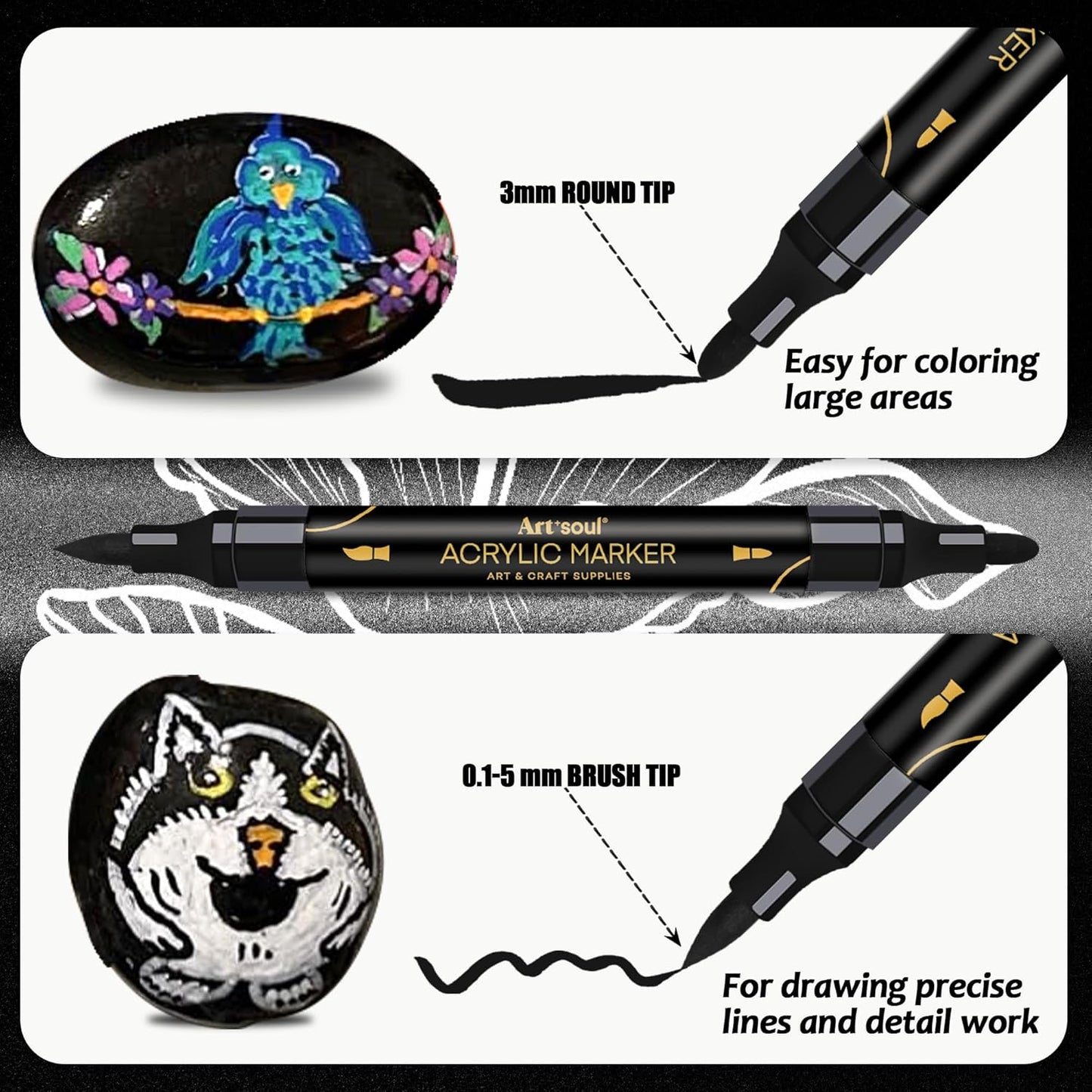 Art+soul 24 Colors Acrylic Paint Pens-Dual Tip Markers, Vibrant, Long Lasting Colors that Dry Quickly, Ideal for Canvas, Paper, Glass, Ceramic, Wood, and Rock