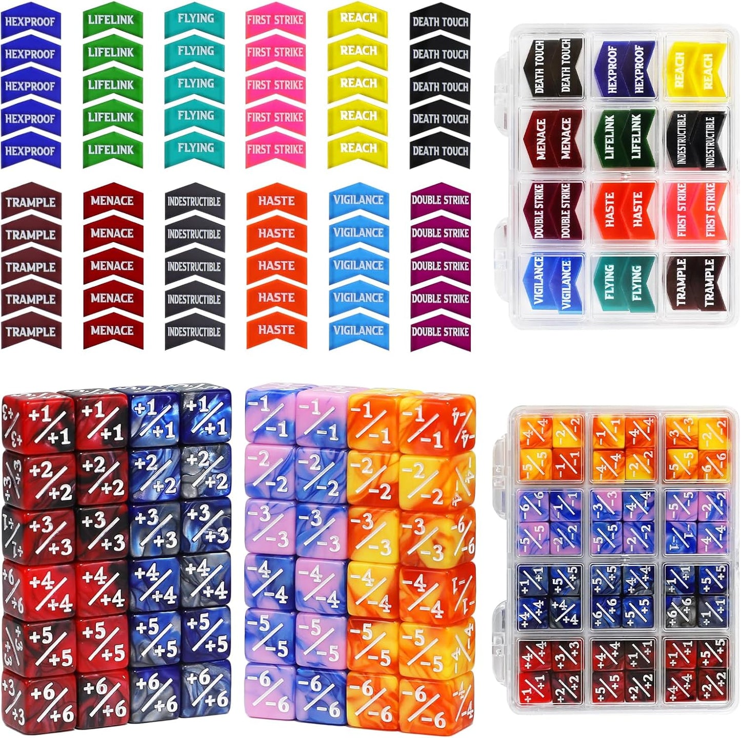 SIXPOINTS 108PCS 12mm MTG Counter Dice +1/+1 Tokens 6 Sided Dice & MTG Keyword Counters Tokens Set for Magic The Gathering, MTG, TCG, Card Games Accessories (4 Color Dices#E + MTG Keyword Counters)