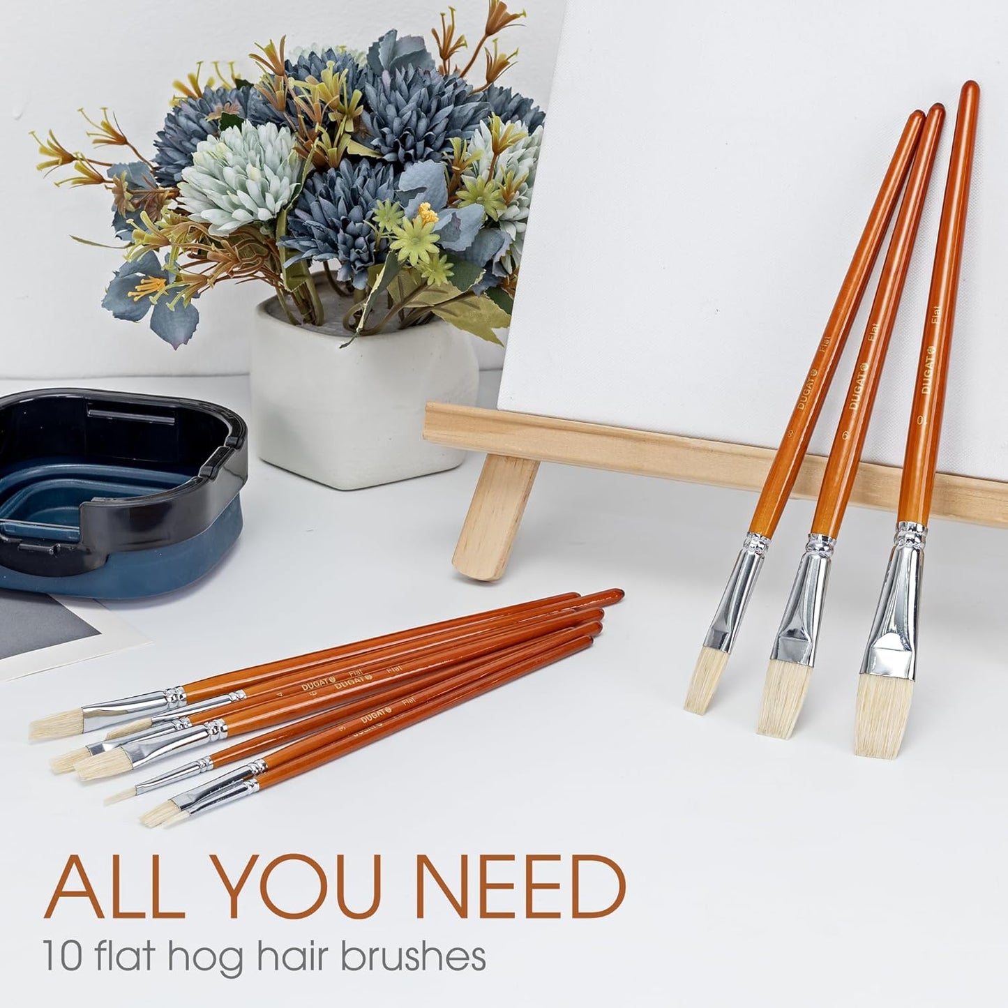 DUGATO 10pc Flat Hog Bristle Paint Brush Set - Short Handle Artist Brushes for Acrylic, Oil, Gouache, Watercolor - Canvas, Fabric & Craft Painting