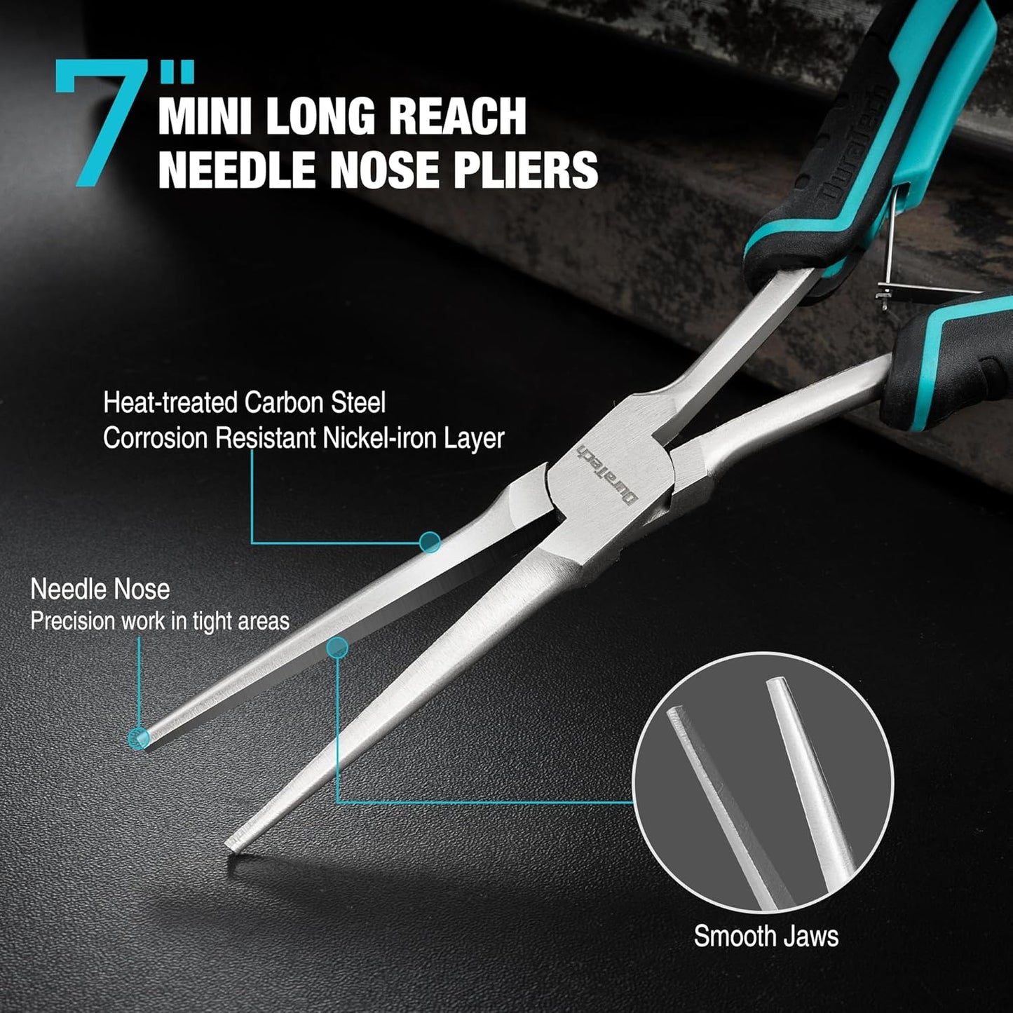 DURATECH 7" Long Reach Needle Nose Pliers, Extra Long Nose Pliers with Smooth Jaws, Small Needle Nose Pliers for Jewelry Making, Wire Bending and Small Object Gripping on Narrow Space