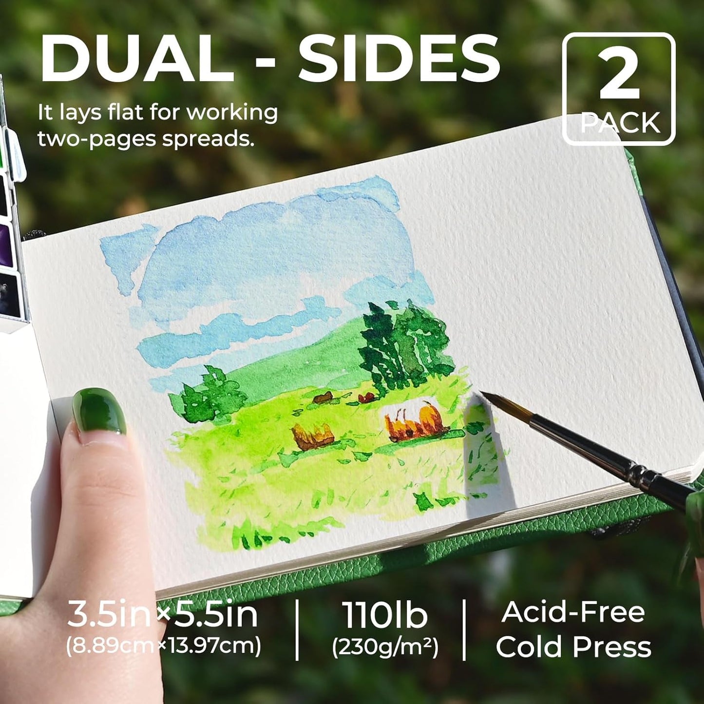 Funto Watercolor Journal, 3.5x5.5, 2 Pack, 24 Sheets Each, Green Cloth Cover, 110lb/230gsm, Suitable for Techniques and Mixed Media