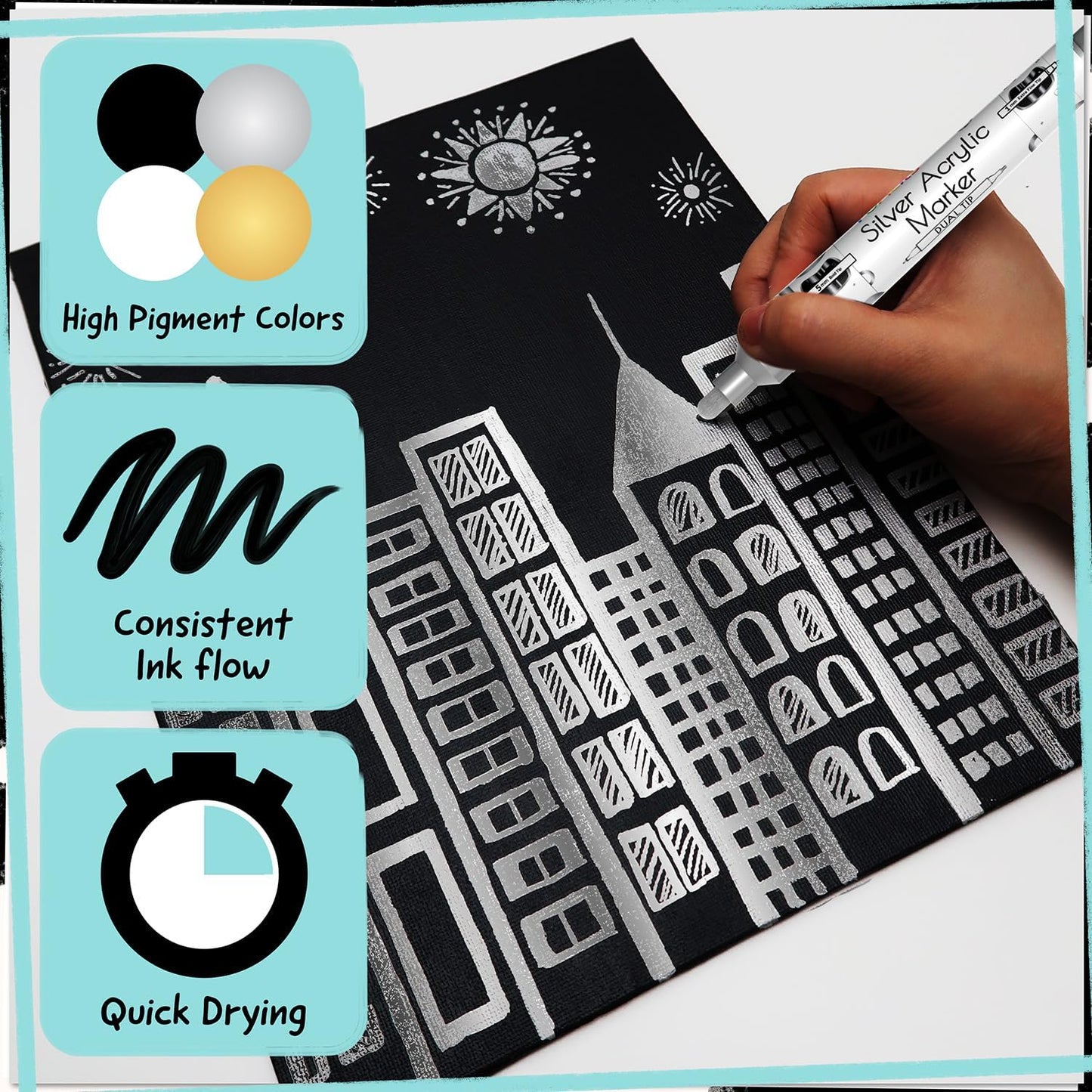 4 Dual Tip Acrylic Paint Pens - Fine Tip & Medium, Permanent & Waterproof - Acrylic Paint Markers for Rock Painting, Canvas, Wood, Ceramic, Glass, Fabric, Metal - White, Black, Gold & Silver