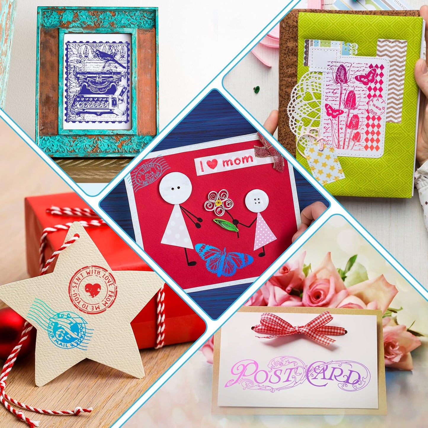 Yinder 7 Pcs Vintage Rubber Clear Stamps Set 4 Sheet Transparent Postage Silicone Stamps 3 Pcs Acrylic Stamp Block Tools with Grid Lines Rubber Craft Supplies for DIY Scrapbooking Journaling