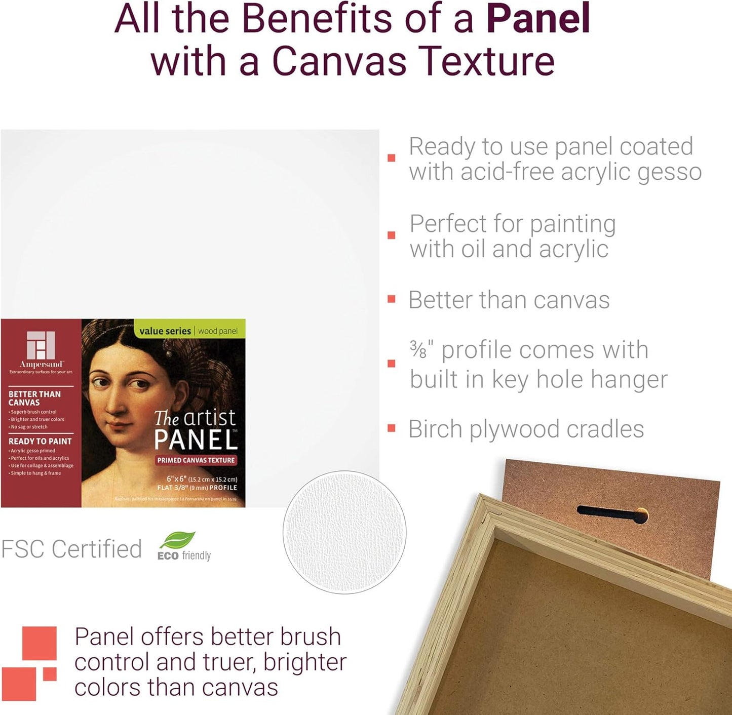 Ampersand Art Supply Wood Gesso Art Painting Panel: Canvas Texture, 3/4 Inch Cradle, 8" x 8"