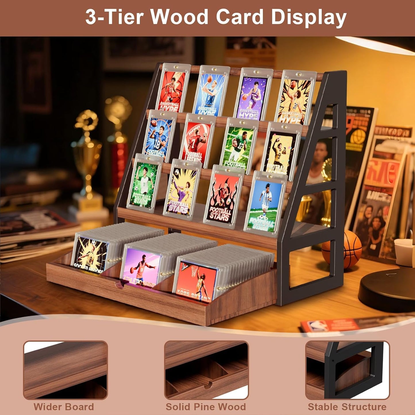 handrong Card Display Stand,3-Tier Trading Card Display with Drawer,Wooden Graded Baseball Sports Cards Holder,Greeting Cards Stand for Collection,Vendor & Show (Brown)