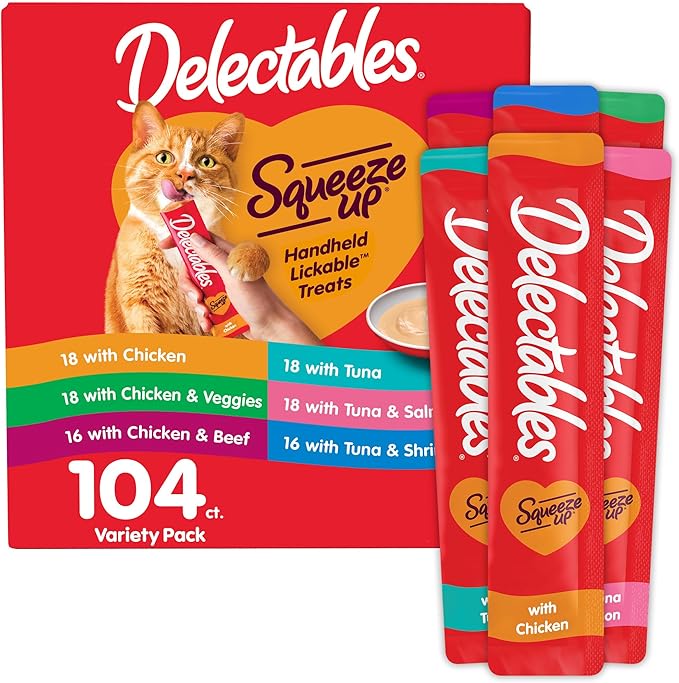 Hartz Delectables Squeeze Up Variety Pack, Creamy Squeezable Puree, Lickable Wet Cat Treats, Grain Free, No Added Fillers, No by-Products, No Added Preservatives, 0.5 Ounces Tube, 104 Tubes Total