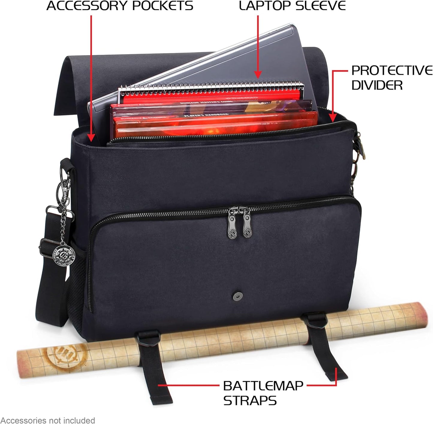 ENHANCE Collector's Edition RPG Player's Essentials DnD Bag - Dragon Hide Exterior Messenger Bag Fits 2-4 Books, Binders, Dice & Accessories, with 17 inch Laptop Slot, Battlemap Straps (Dragon Black)