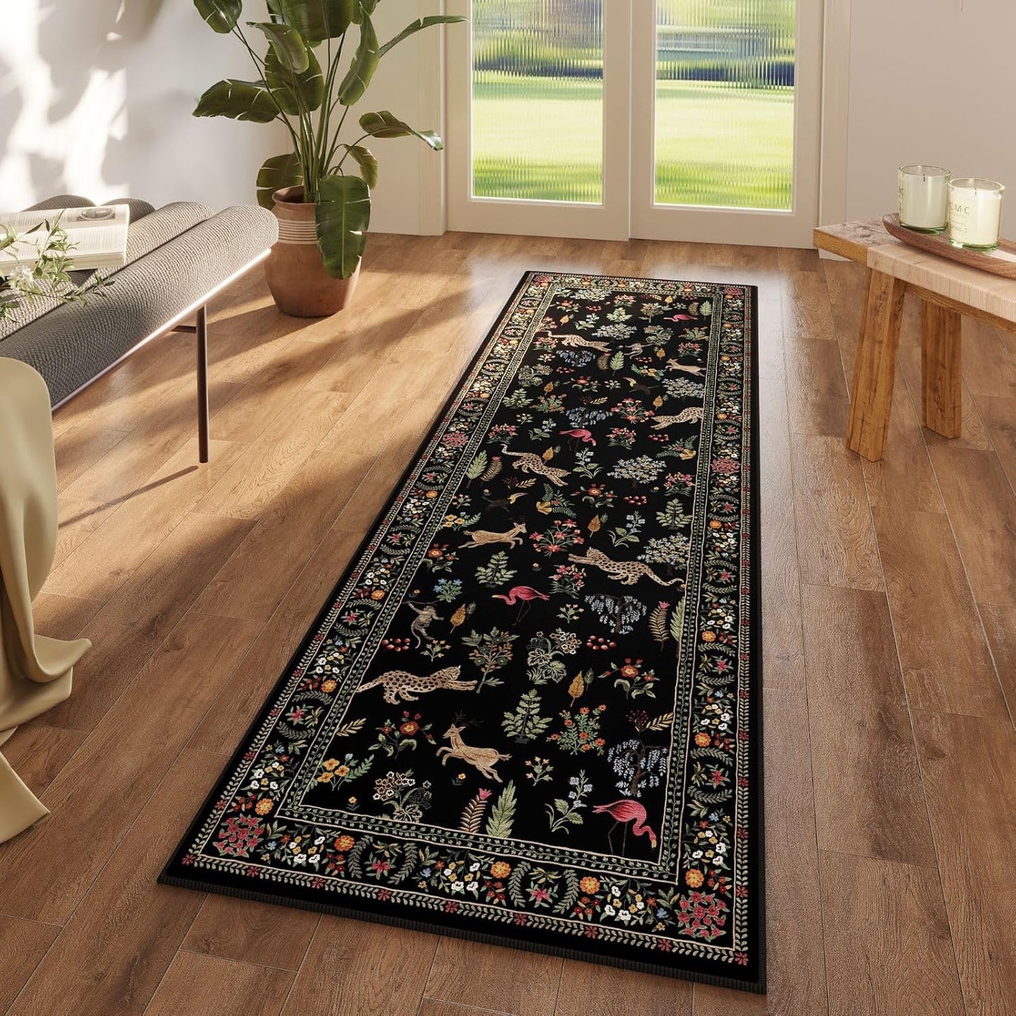 Rugcomf Runner Rug for Kitchen Rug Non Slip 2'6''x8' Washable Rugs with Rubber Backing Soft Floral Animal Carpet Runner for Kitchen, Laundry, Bedroom, Bathroom (Black)