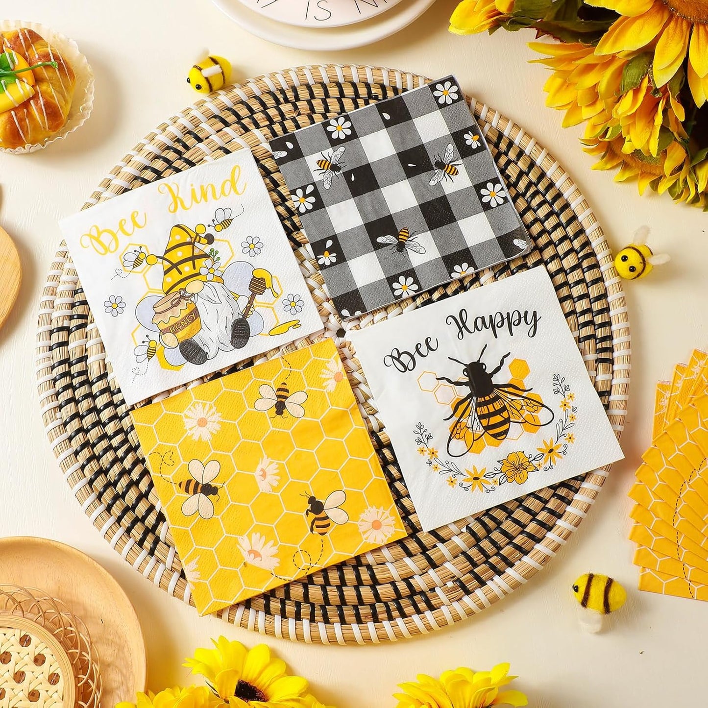 Fulmoon 200 Pieces Summer Bee Cocktail Napkins Disposable Decorative Decoupage Beverage Paper Napkins Bulk Dessert Towel for Summer Tea Party Dinner