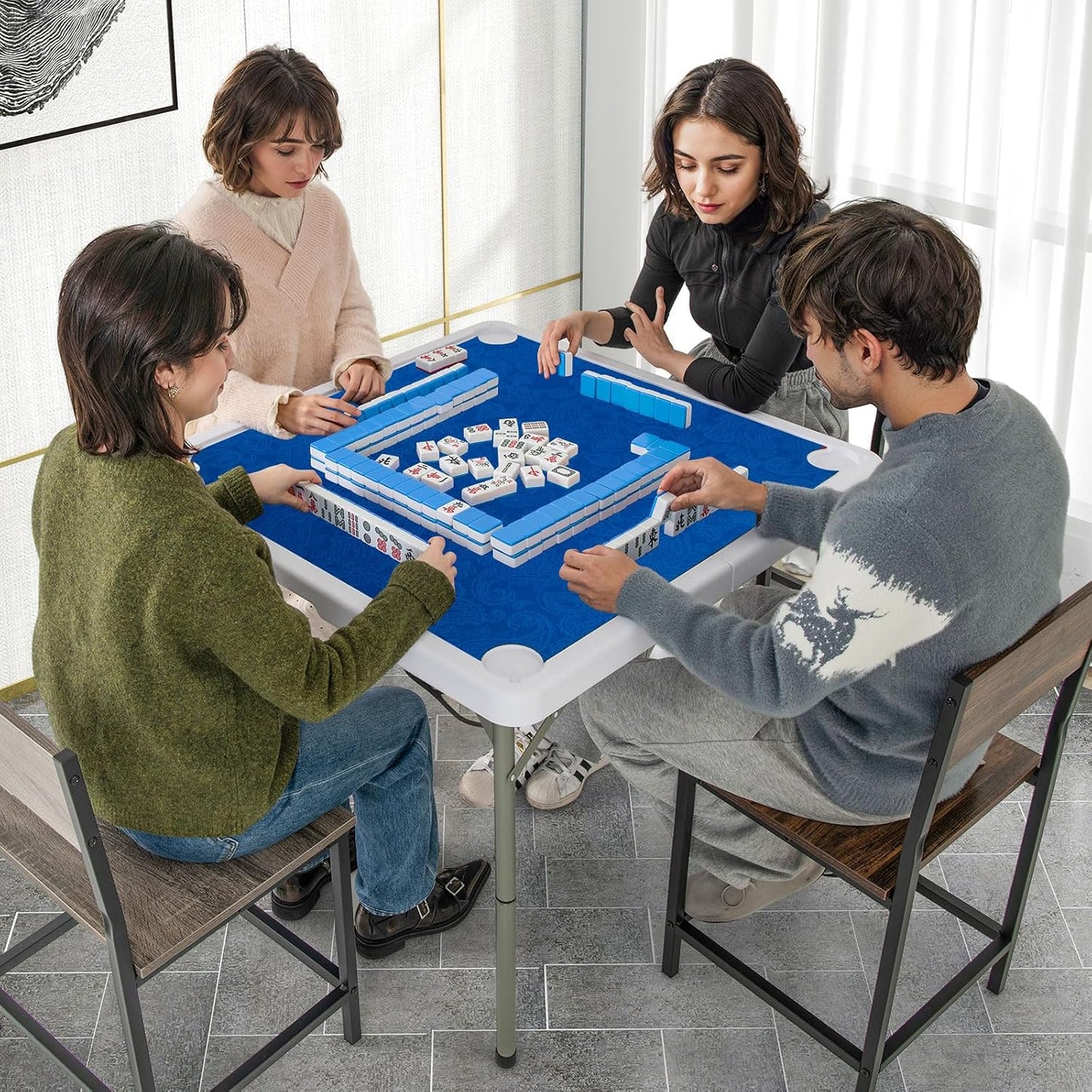 Giantex Folding Mahjong Table, 35" Square Card Table with Cup Holders, Removable Noise Reduction Mat, HDPE Tabletop, 4-Player Portable Domino Tables for Poker Blackjack Board Game (Dark Blue)