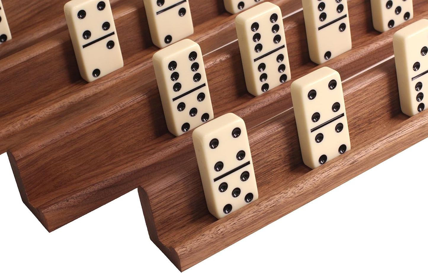 Easy-View Domino Racks for Maximum Visibility and Ease in organizing Your Hand. Solid American Black Walnut