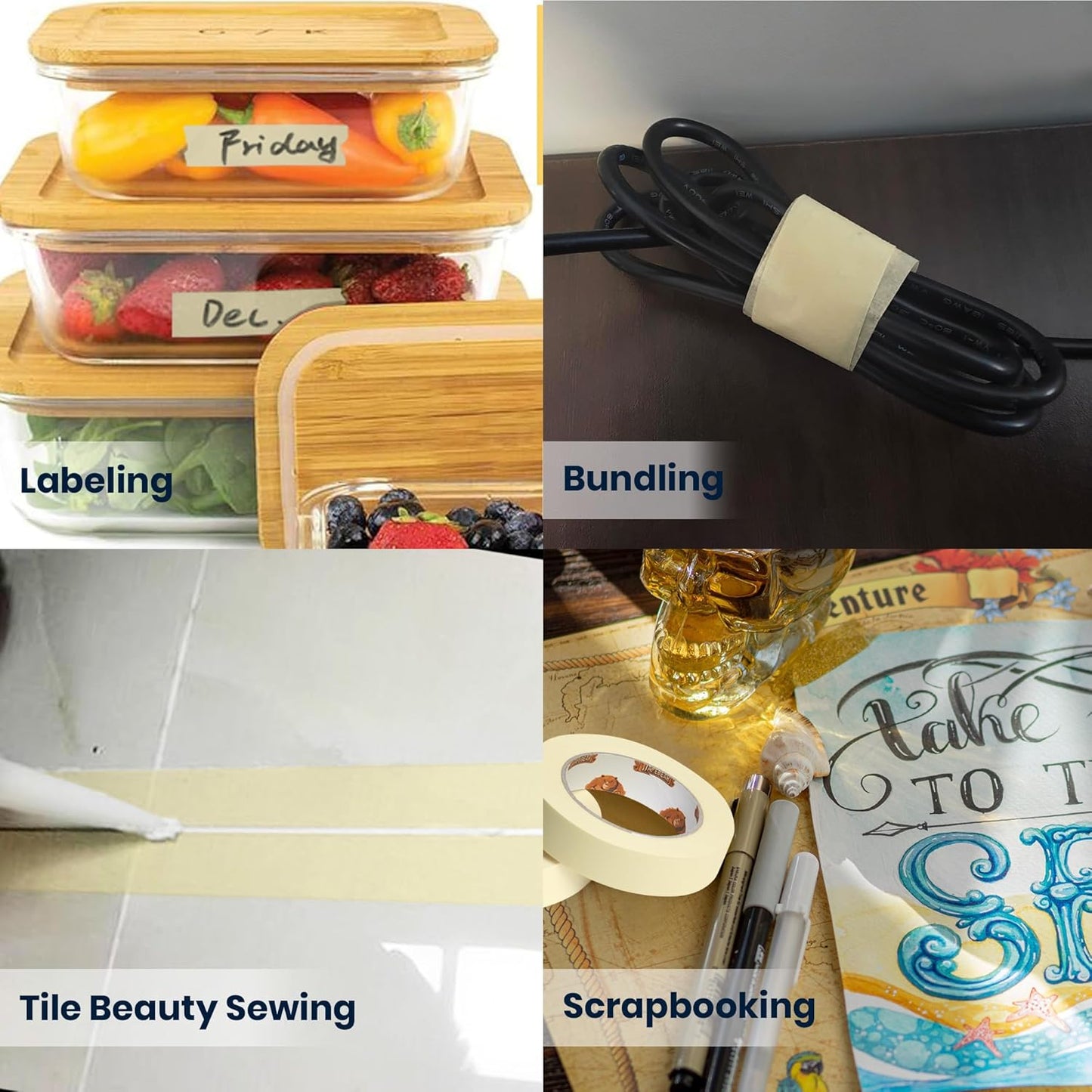 TAPEBEAR General Purpose Masking Tape 1.88 Inches x 60 Yards, Beige White Painters Tape for Painting, Labeling, DIY Arts Crafts, Home Office School Projects, 6 Rolls