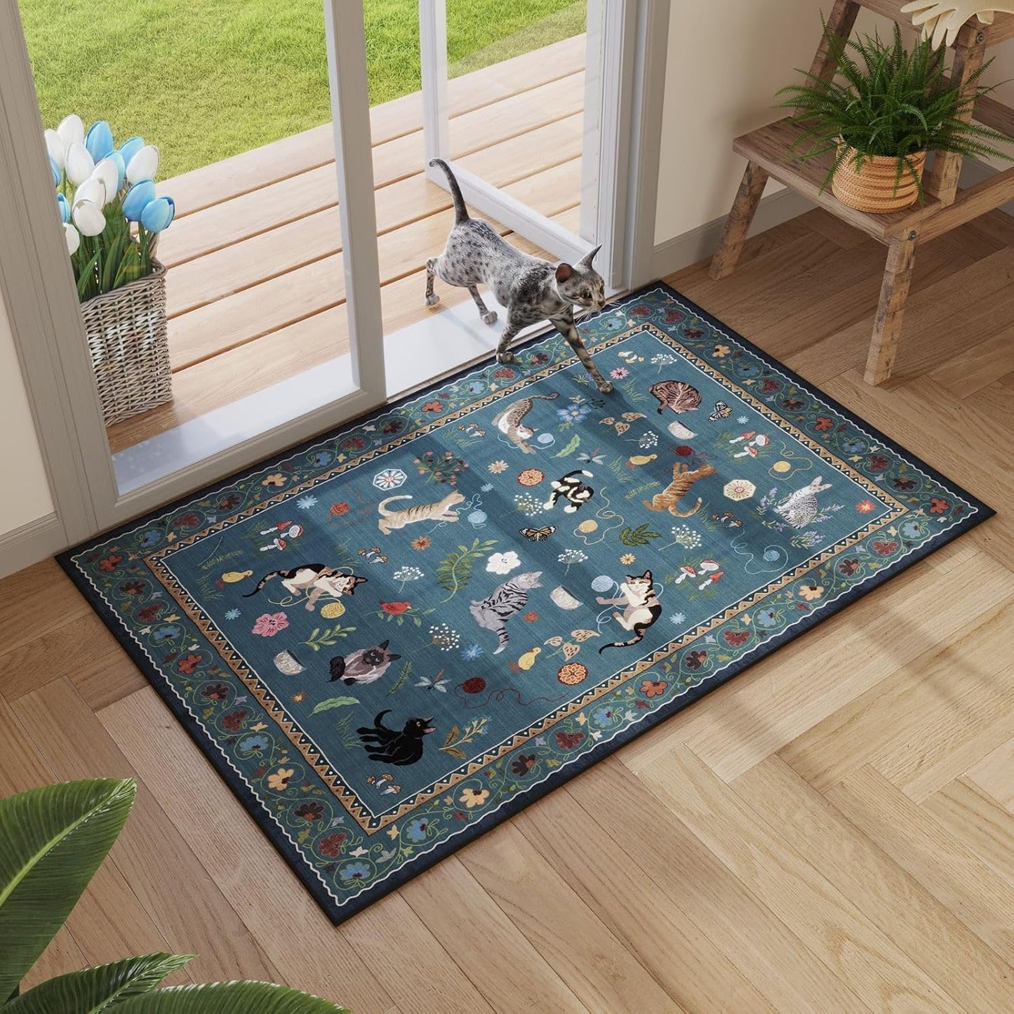 Rugcomf Door Mat Indoor Entrance 2x3 Rug Machine Washable Boho Floral Animal Cat Small Area Rug Non-Slip Low Pile Throw Rugs for Entryway Kitchen Front Door Indoor Entry Kids Room, Pearl Gentian Blue