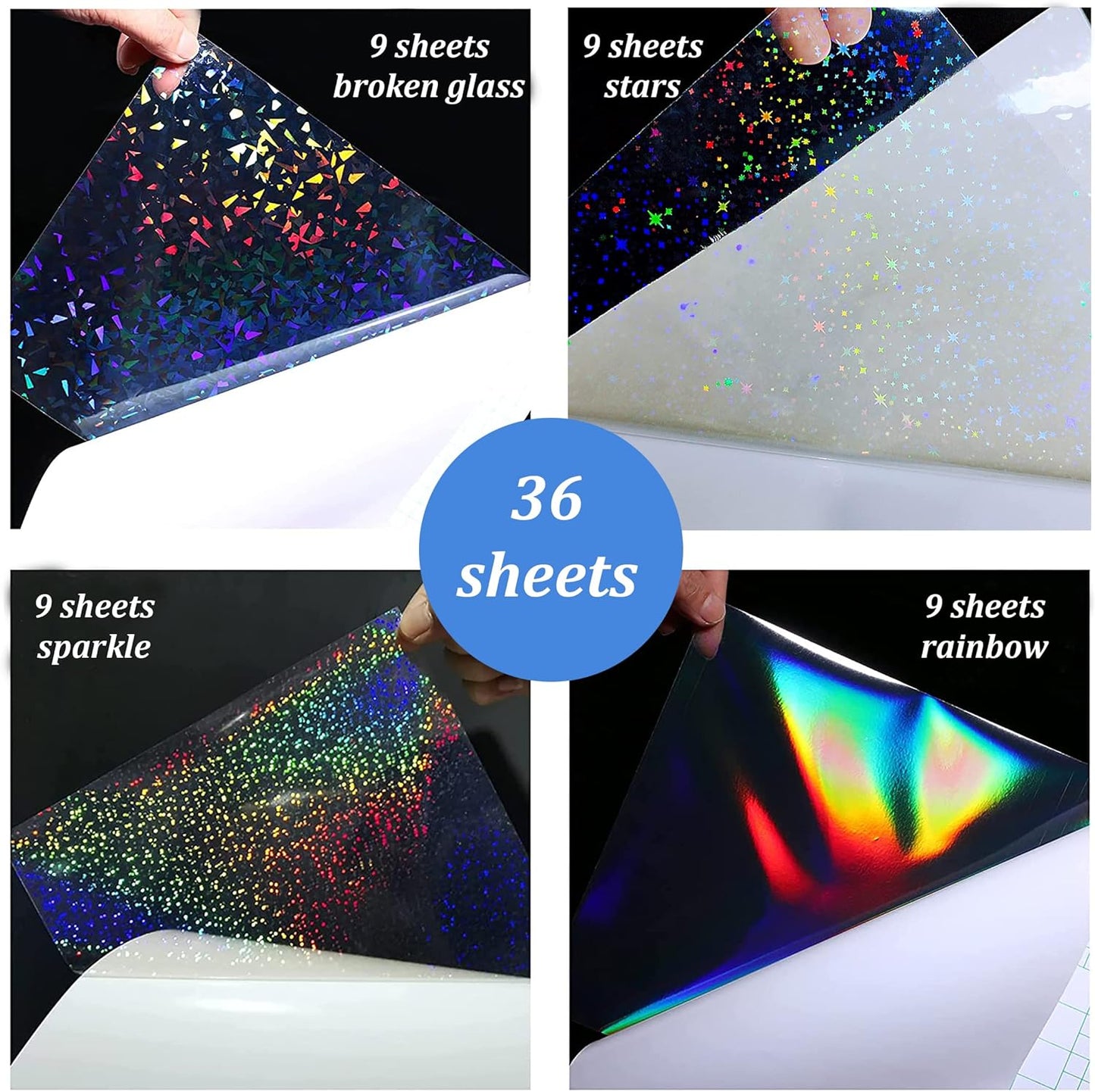 36 Sheets Holographic Sticker Paper 8.5" x11'' Waterproof Clear Vinyl Sticker Sheets Self-Adhesive Rainbow Overlay Sheets with 4 Styles Mixed